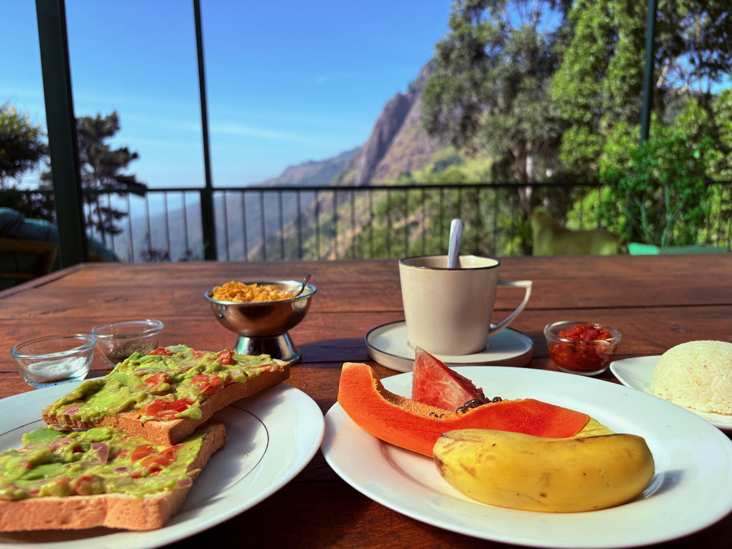 Breakfast laid out on the terrace table: toast, papaya, a cup and small bowls, with trees and the valley behind.