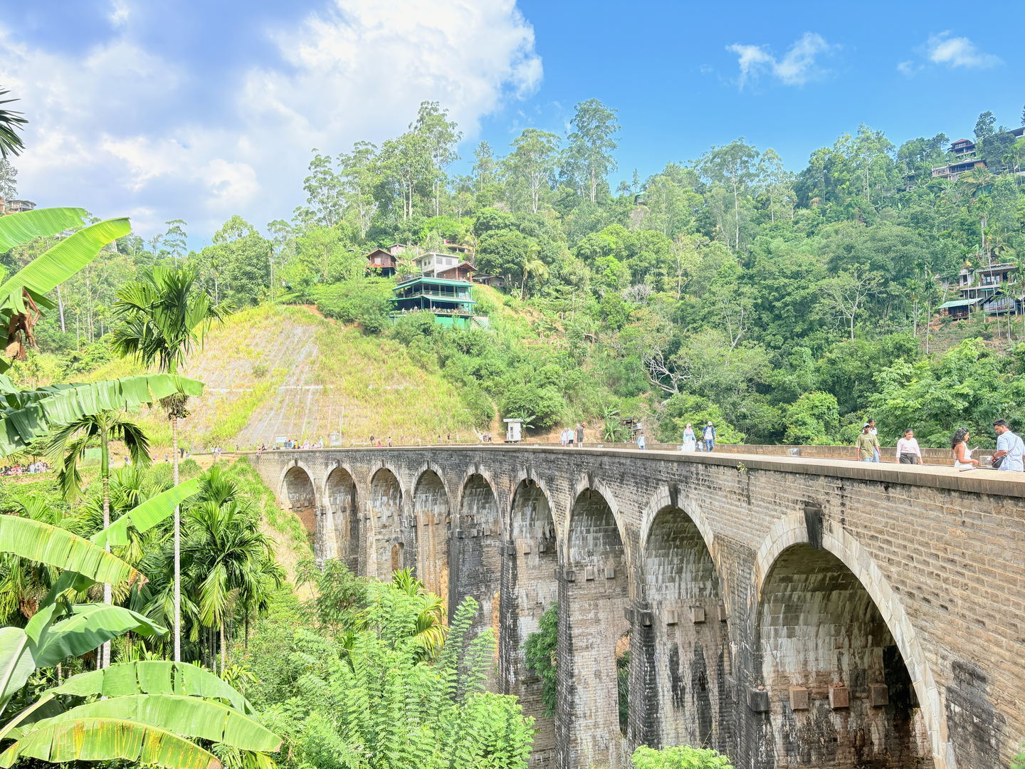 The Nine Arches Bridge seen past banana leaves, its arches carrying the line across the gorge.