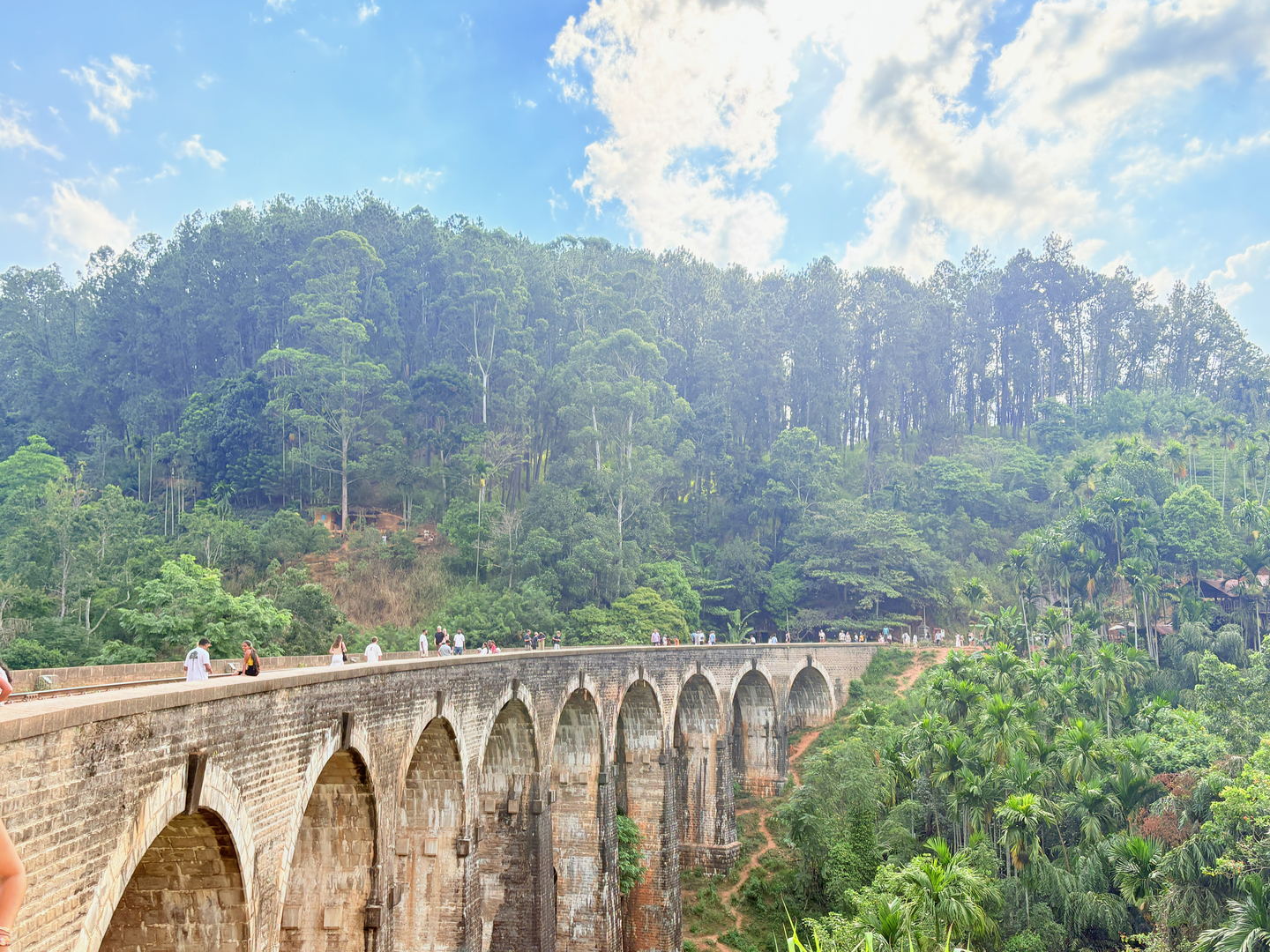 The Nine Arches Bridge from the valley side: nine stone arches carrying a railway across a wooded gorge, with people walking along the top.