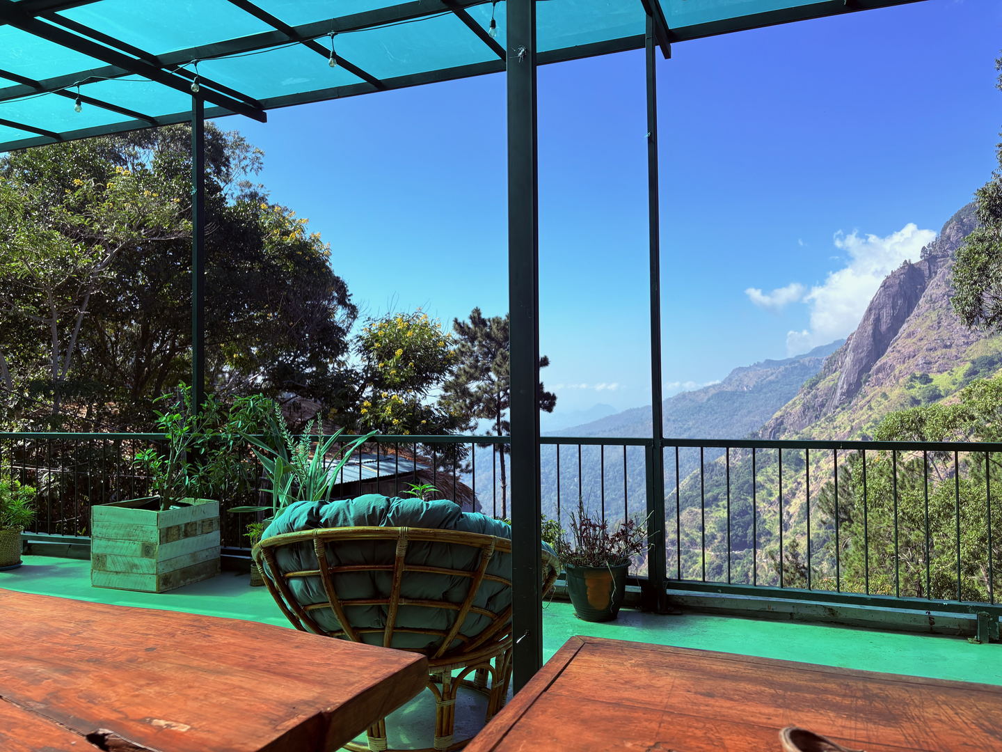 A hanging rattan egg chair on the terrace, with the green roof above it and the valley past the railing.